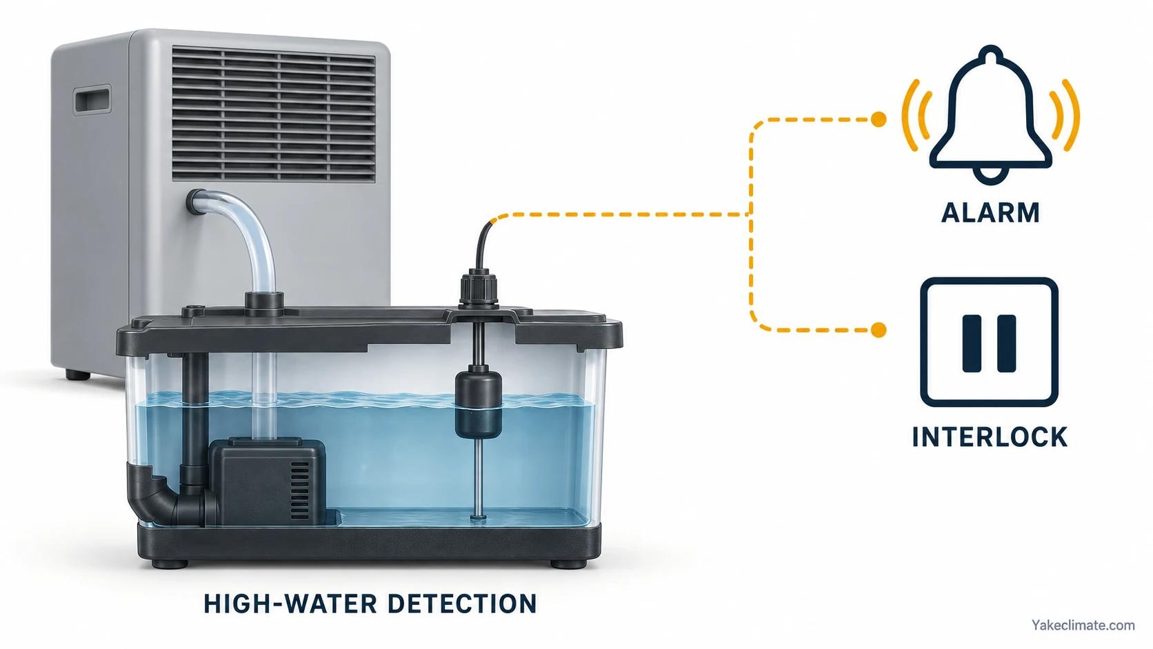 High-water float detection in a condensate reservoir linked conceptually to an alarm and equipment interlock.