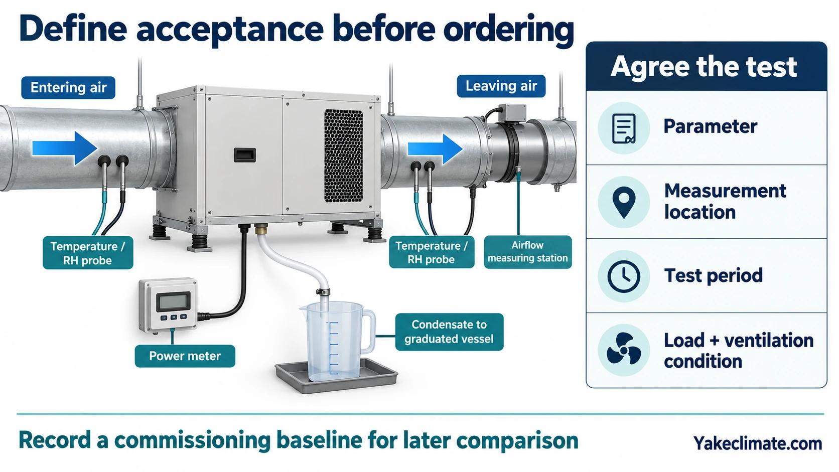 Conceptual dehumidifier acceptance setup with inlet and outlet probes, airflow and power measurement, condensate collection, and agreed test conditions.