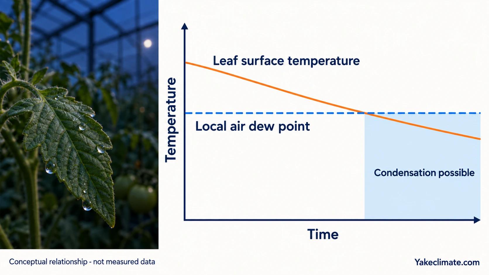 Conceptual chart of falling leaf-surface temperature crossing the local air dew point, with condensation possible only after the crossing.
