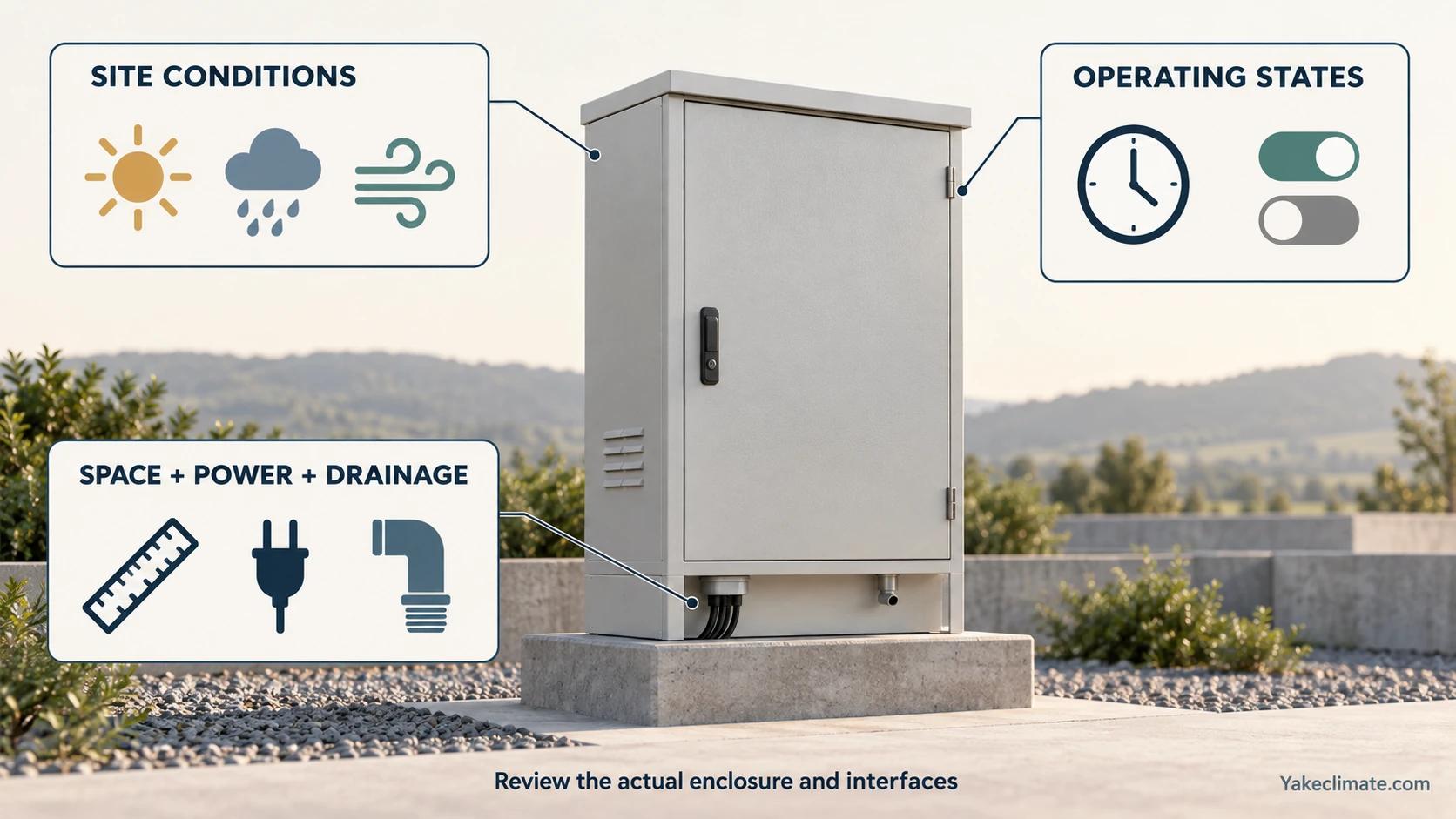 A generic outdoor enclosure is surrounded by site-condition, operating-state and installation-interface inputs.