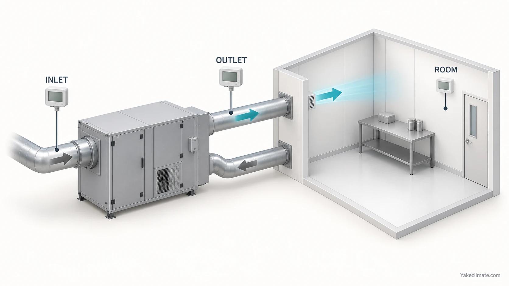 Inlet, dry-air outlet and room measurement locations in a ducted desiccant system.