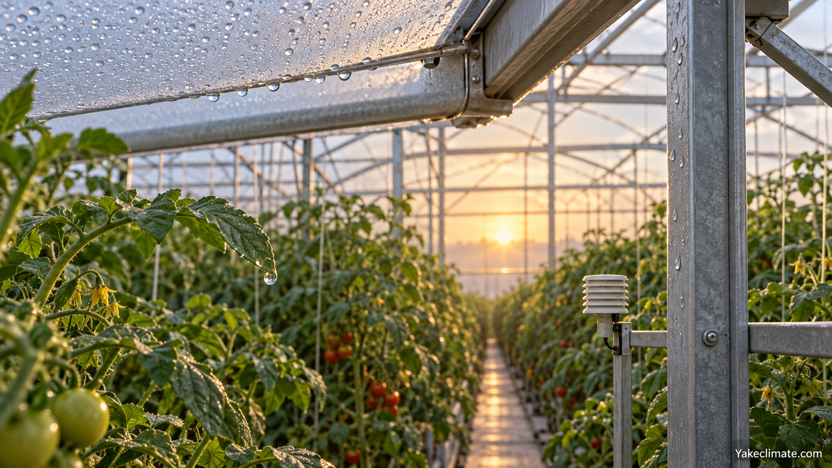 Conceptual illustration of greenhouse cover, crop leaf and metal frame with visible condensation droplets and a crop-zone sensor