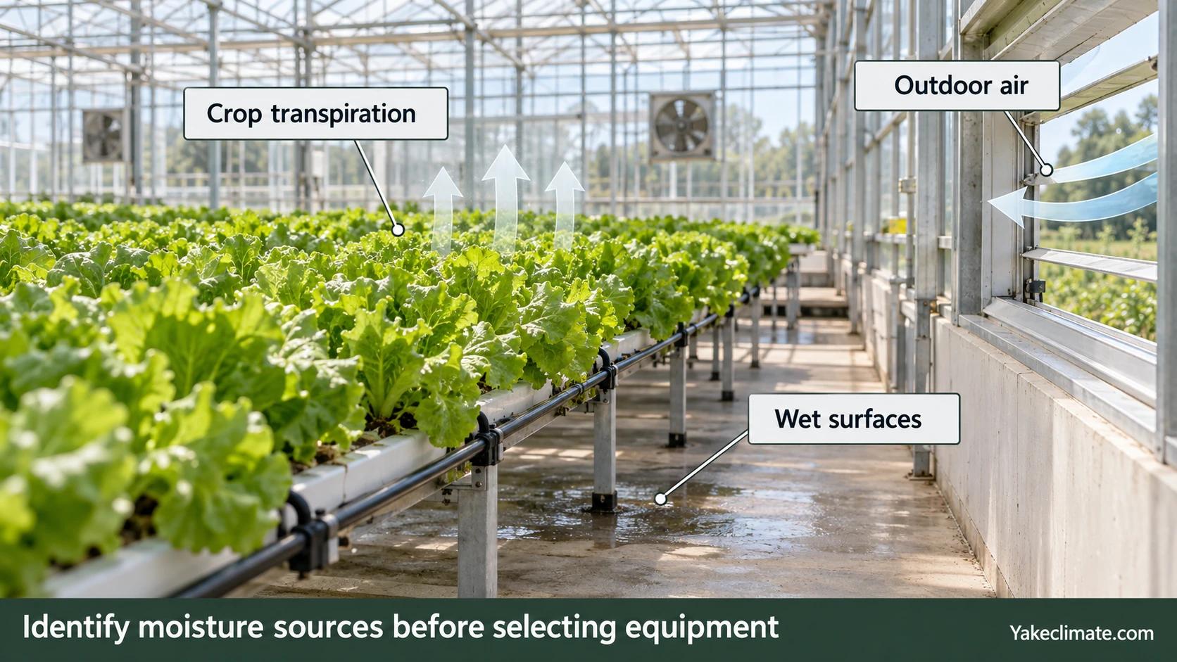 Greenhouse moisture-source illustration identifying crop transpiration, wet floor surfaces, and entering outdoor air.