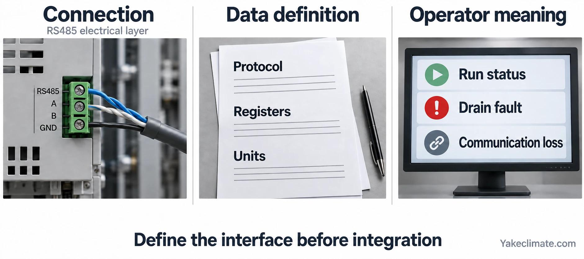 Conceptual interface planning panels separating the RS485 connection, protocol and register definitions, and operator status or alarm meanings.
