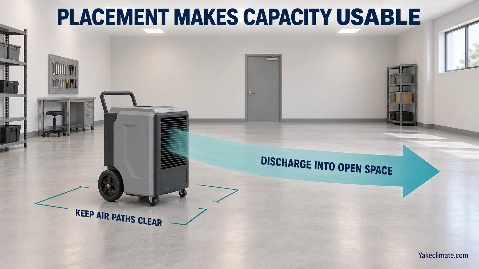 A wheeled portable dehumidifier has clear surrounding space and discharges air along the open room.