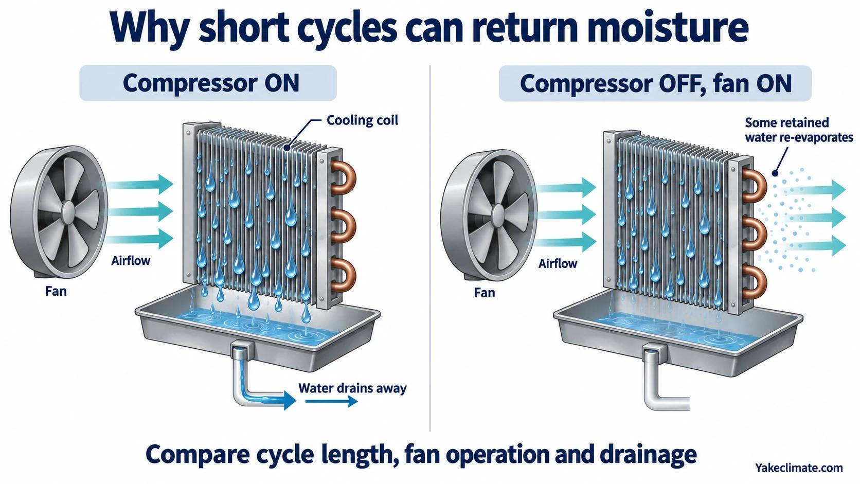Cooling-coil comparison showing water draining during compressor operation and some retained water re-evaporating when the fan continues after compressor shutdown.