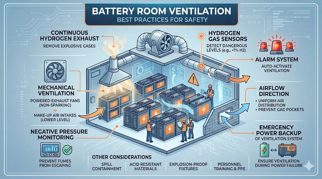 Diagram showing ventilation airflow and humidity control in a battery room.