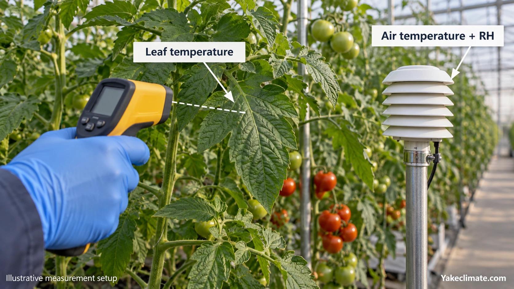 Infrared thermometer aimed at a tomato leaf beside a shielded canopy air temperature and relative humidity sensor.