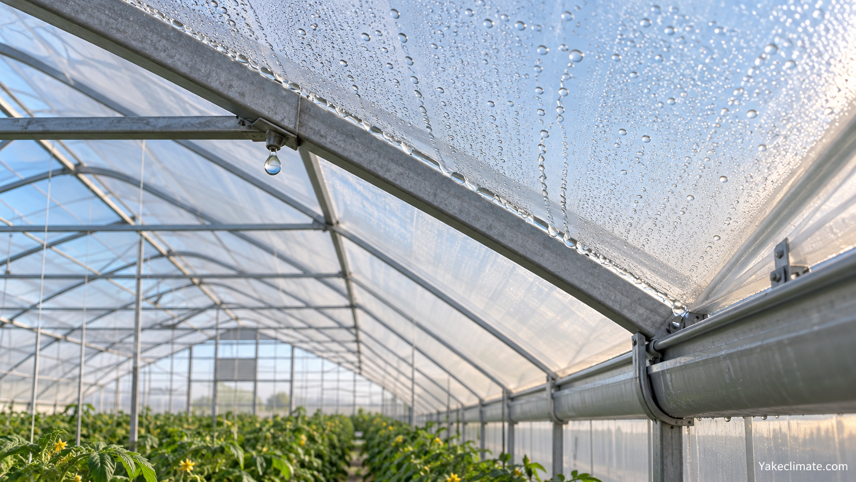 AI-created conceptual illustration of condensation beads beneath a greenhouse roof, a sloped path toward an eave gutter and one isolated drip above crops