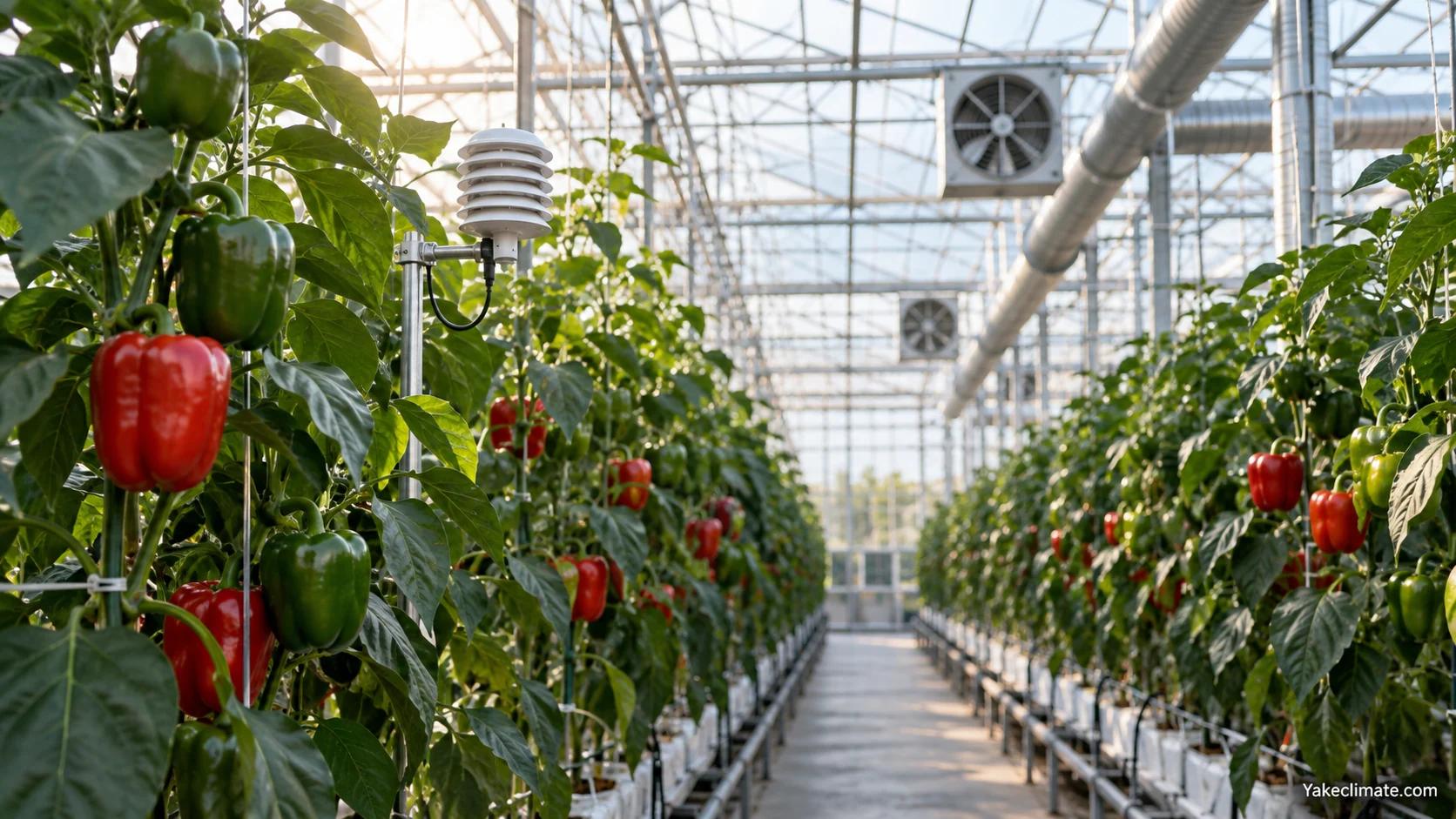 Conceptual illustration of fruiting sweet-pepper rows, crop-zone sensor and greenhouse air distribution; not a Yakeclimate project photograph