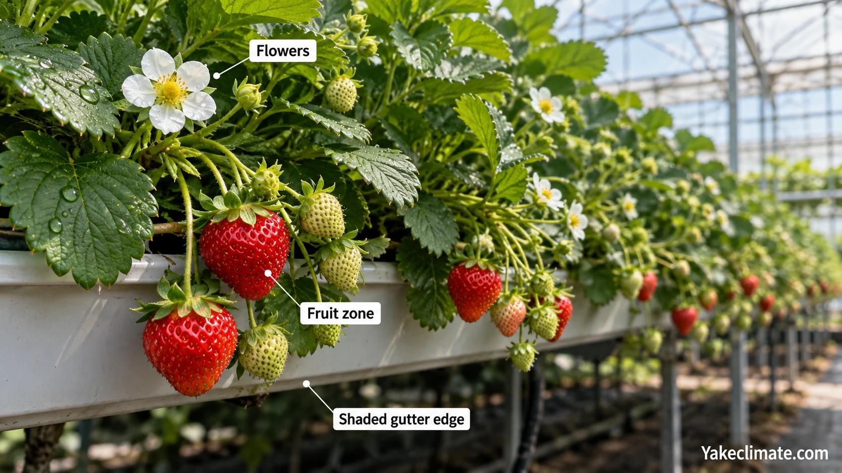 Illustrative greenhouse strawberry foliage with water droplets near flowers and fruit.