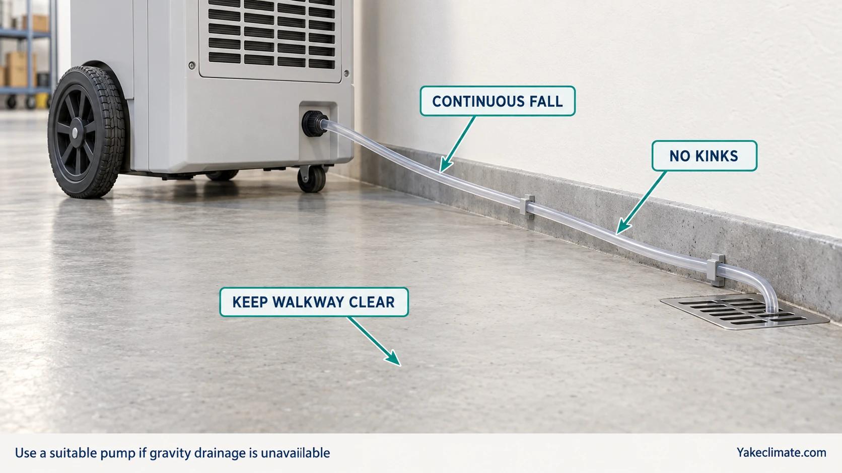 A narrow condensate hose falls continuously along the wall to a floor drain while the walkway stays clear.