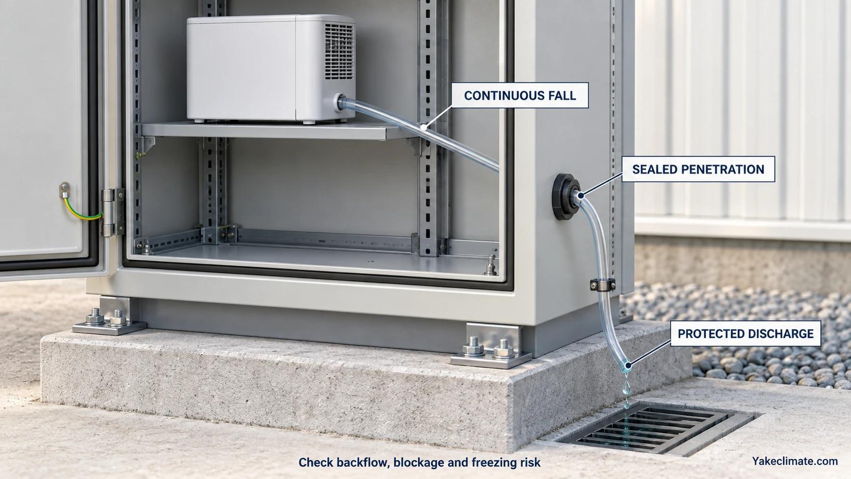 A cabinet dehumidifier drains through a falling condensate tube and sealed wall penetration to an external discharge.