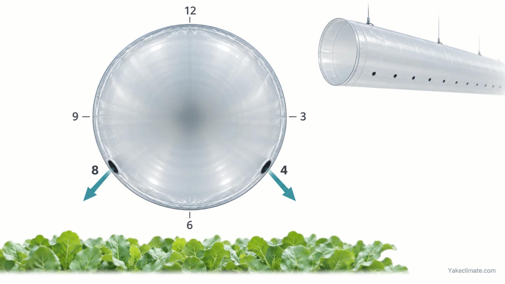 End view of an air-distribution tube with holes at four and eight o'clock directing air downward and outward.