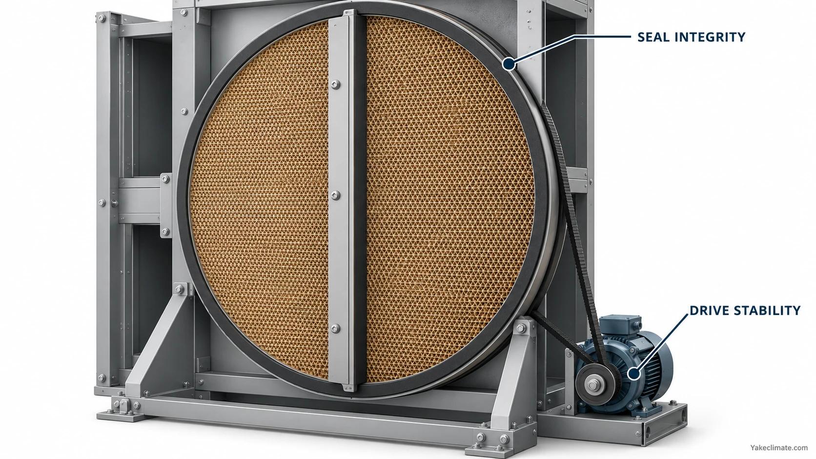 Desiccant rotor perimeter seal and belt-driven motor highlighted for integrity and drive stability review.