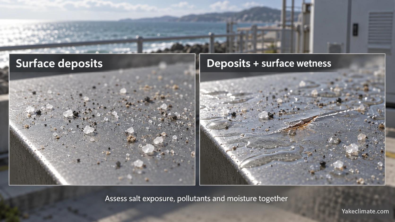 Conceptual metal-surface comparison showing salt and dust deposits, then deposits combined with surface wetness near a coating defect.