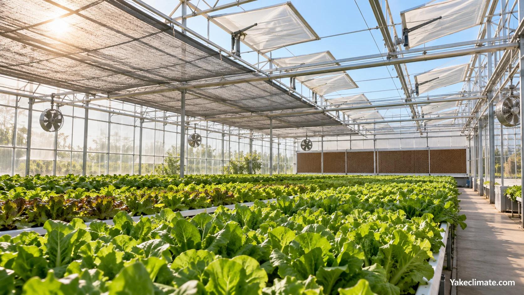 Summer greenhouse crop canopy under shade cloth with open roof vents and an evaporative-cooling pad in the distance.