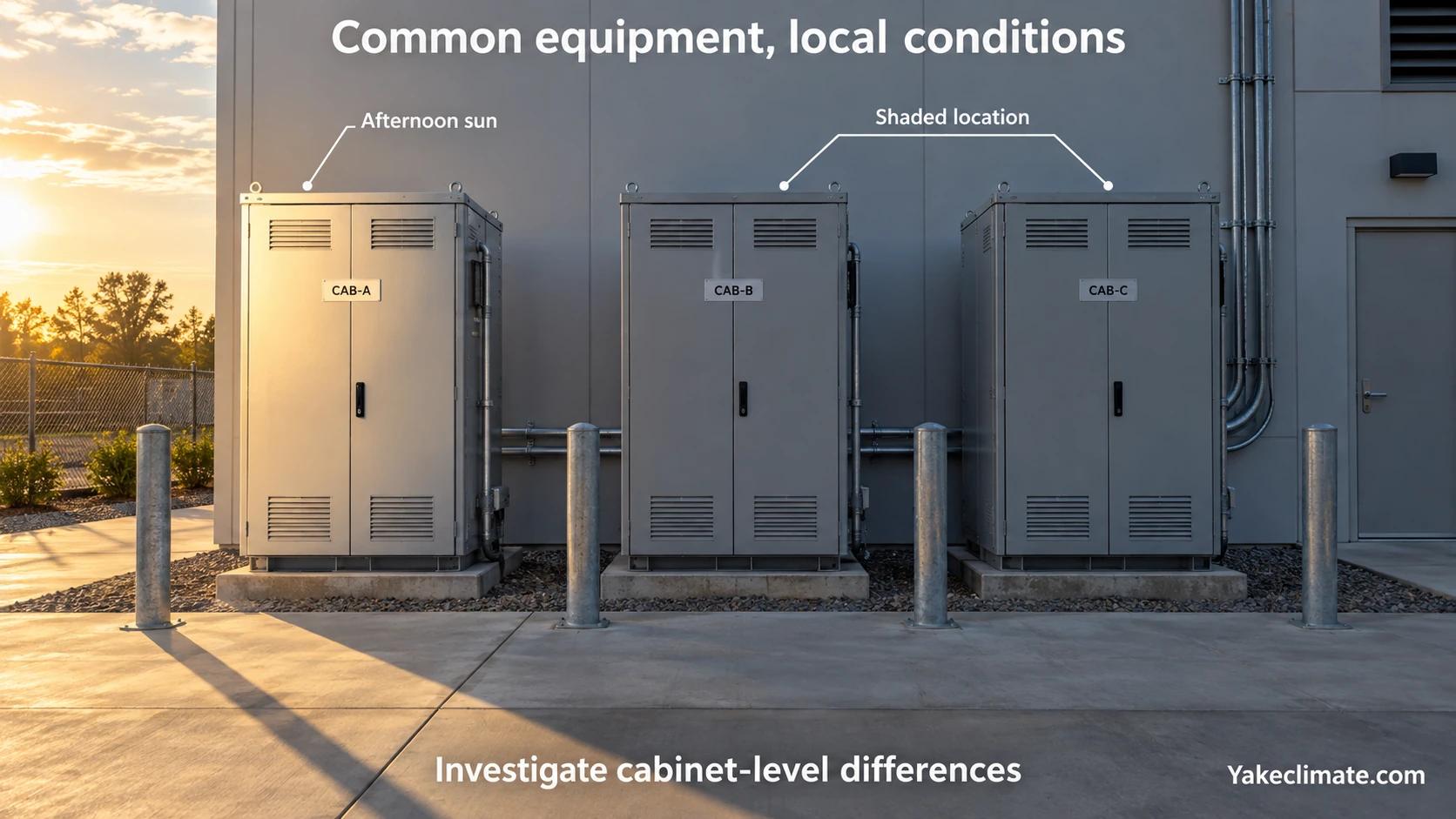 Illustrative row of three similar cabinets, with CAB-A in afternoon sun and CAB-B and CAB-C in shade.