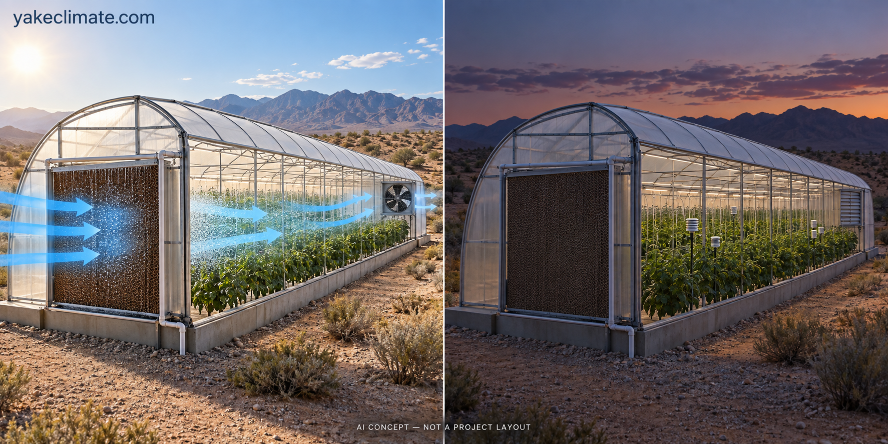 Conceptual illustration showing an arid greenhouse with a wetted cooling pad and airflow by day, then a pump-off monitored mode at dusk; not an actual Yakeclimate project.
