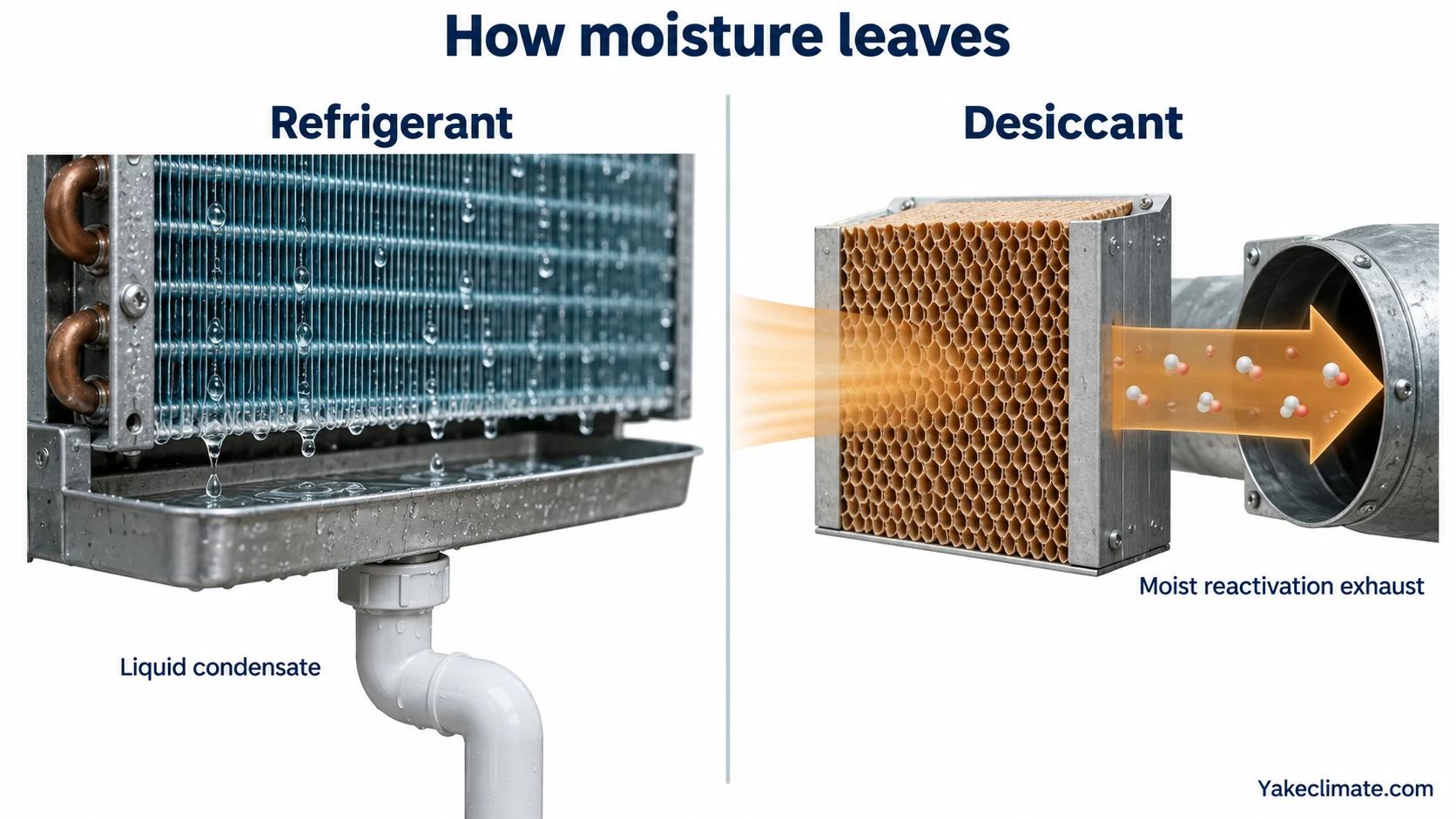 Cold-coil condensate drains as liquid, while moisture from desiccant reactivation leaves in an exhaust air stream.
