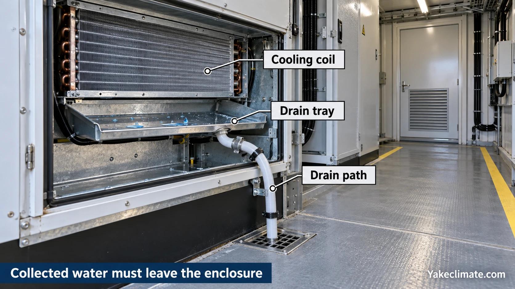 Illustrative air-handler service view identifying the cooling coil, condensate drain tray, and connected drain path.