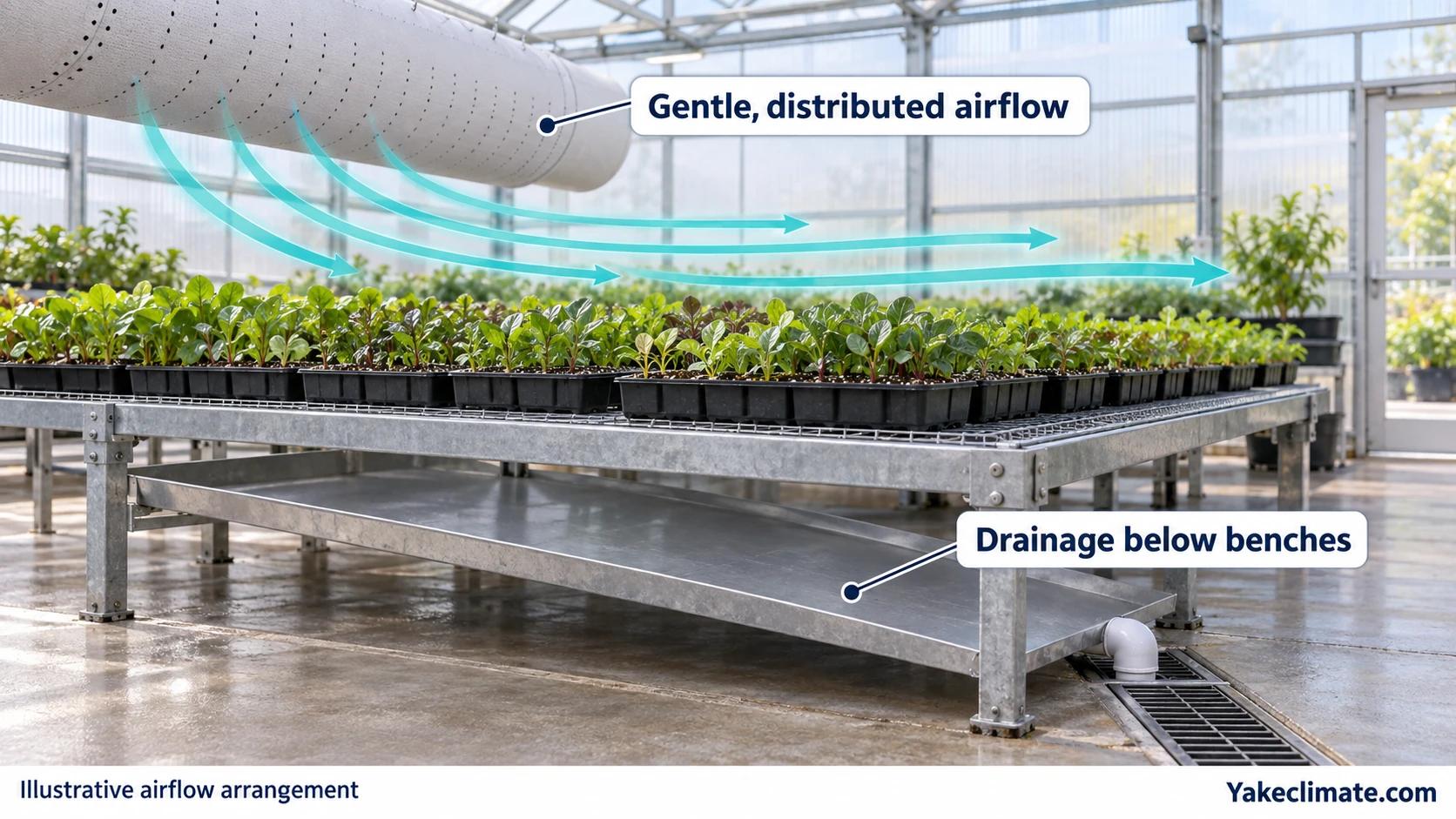 Illustrative propagation bench with broad distributed airflow above young plants and a sloped drainage tray leading to a floor drain.