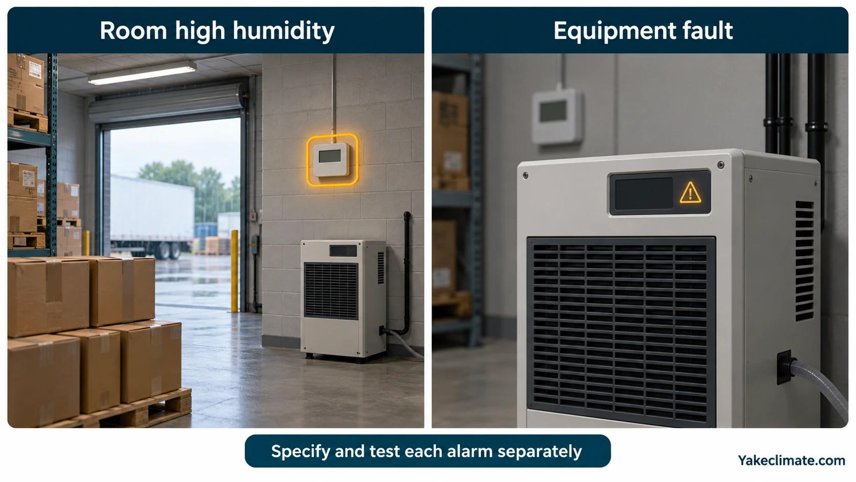 Room humidity alarm at a storage-area sensor contrasted with an equipment fault indication on a dehumidifier.