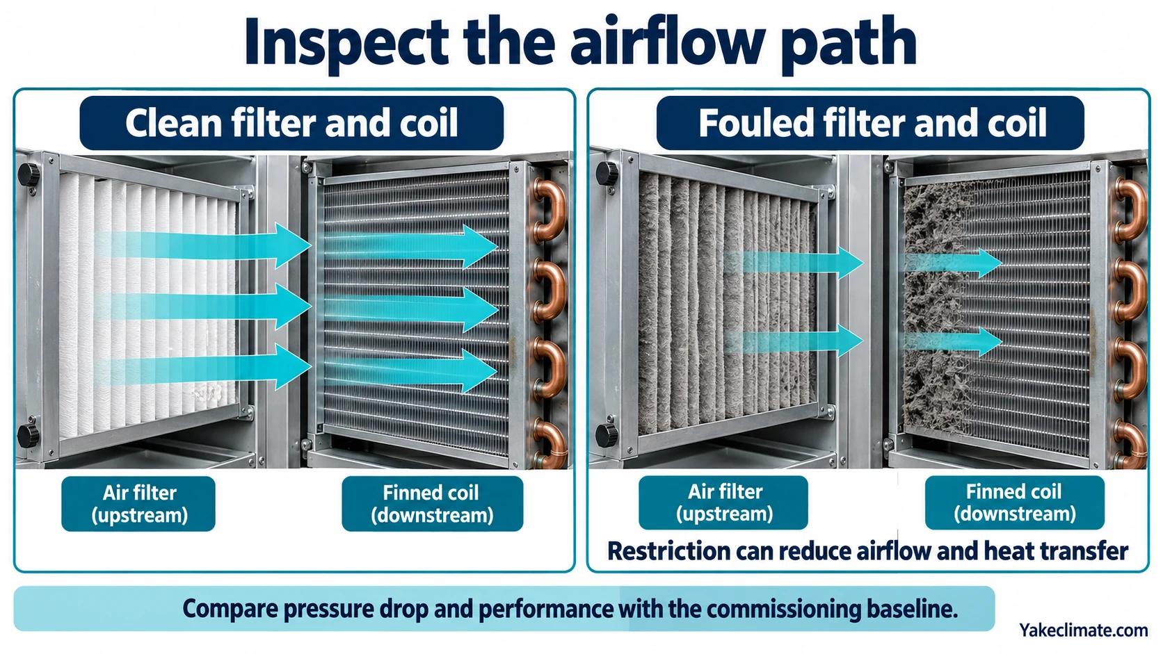 Clean and fouled air-filter and finned-coil paths compared with qualitative airflow arrows.