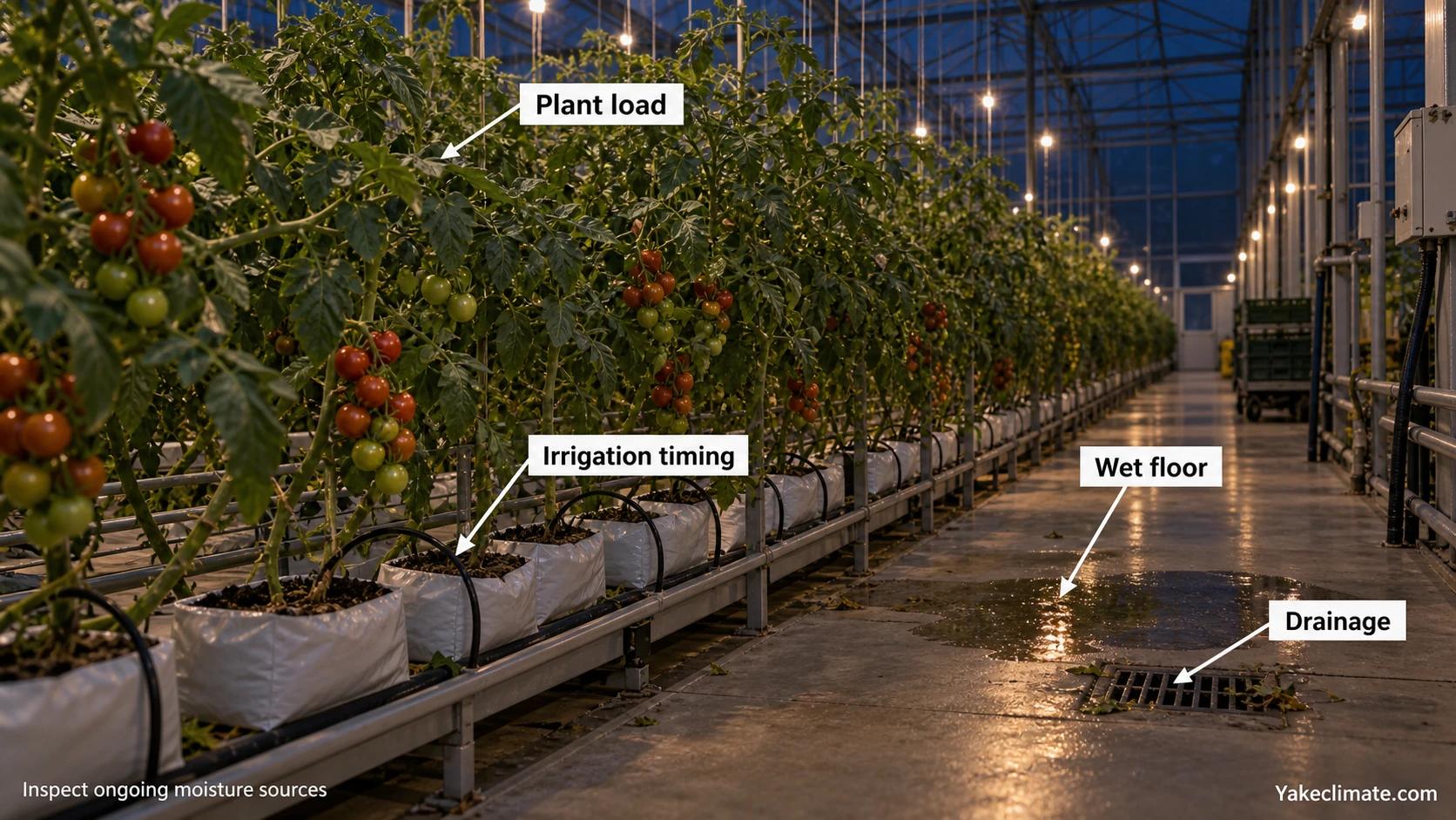 Illustrative nighttime tomato greenhouse inspection points covering plant load, drip-irrigation timing, wet floor area and drainage.