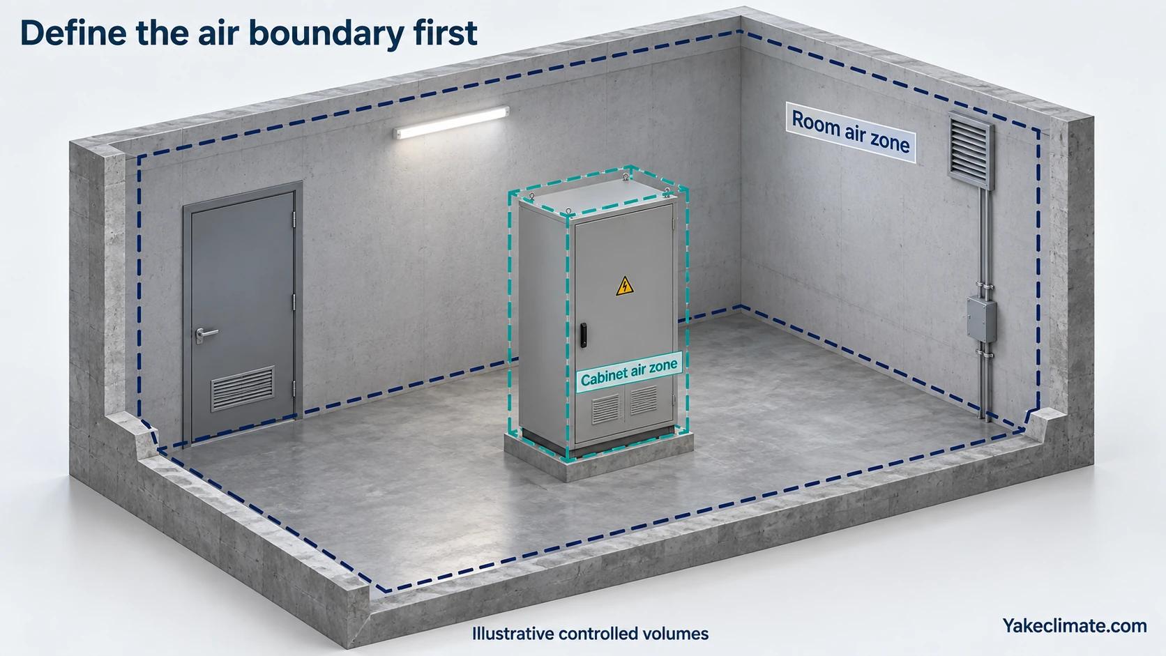 Illustrative equipment room showing a small cabinet air zone inside the larger room air zone with separate dashed boundaries.