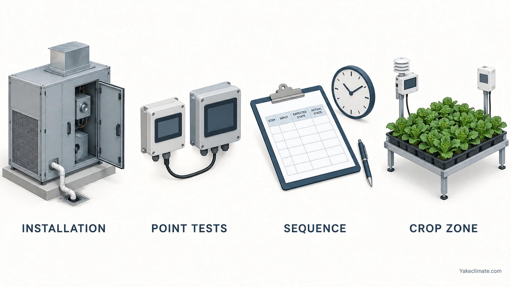 Four commissioning layers represented by installation, point tests, sequence checks and crop-zone monitoring.