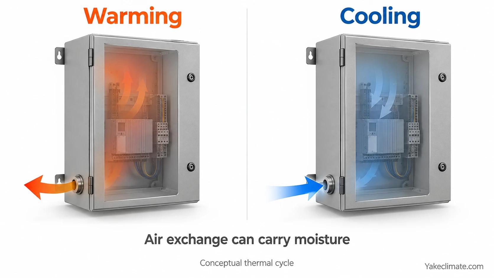 Conceptual enclosure thermal cycle with outward and inward air arrows.