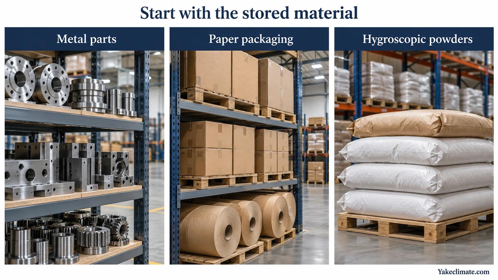 Warehouse racks holding machined metal parts, paper packaging and sealed hygroscopic powder bags.