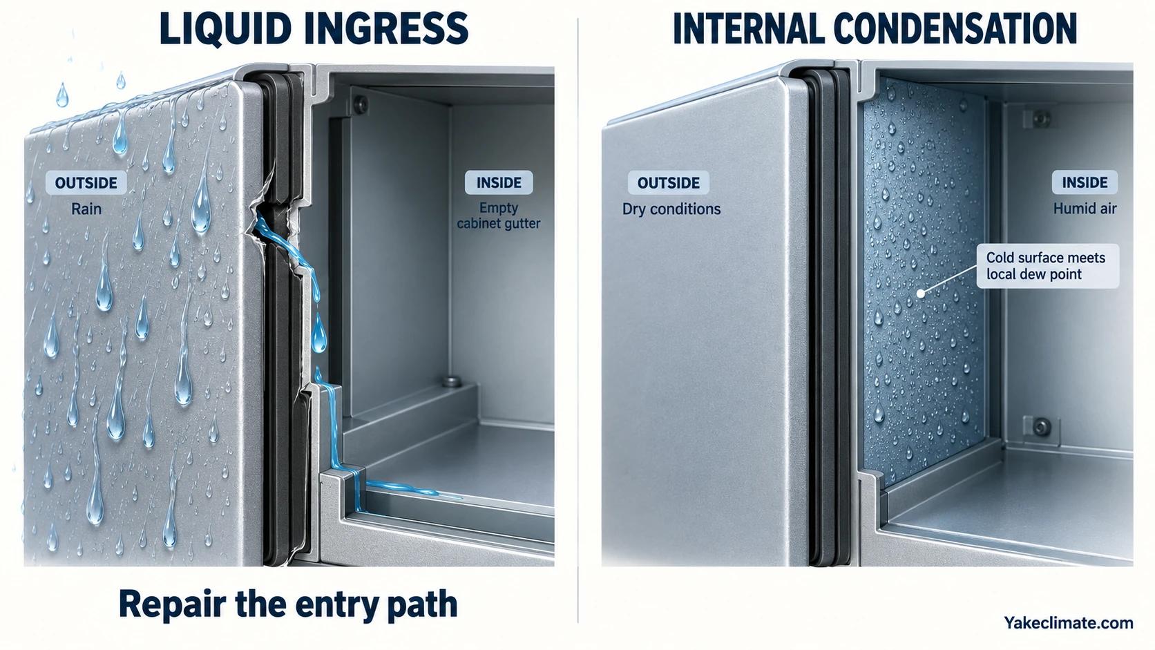A damaged cabinet gasket admits rainwater, while a separate intact cabinet wall shows internal condensation.