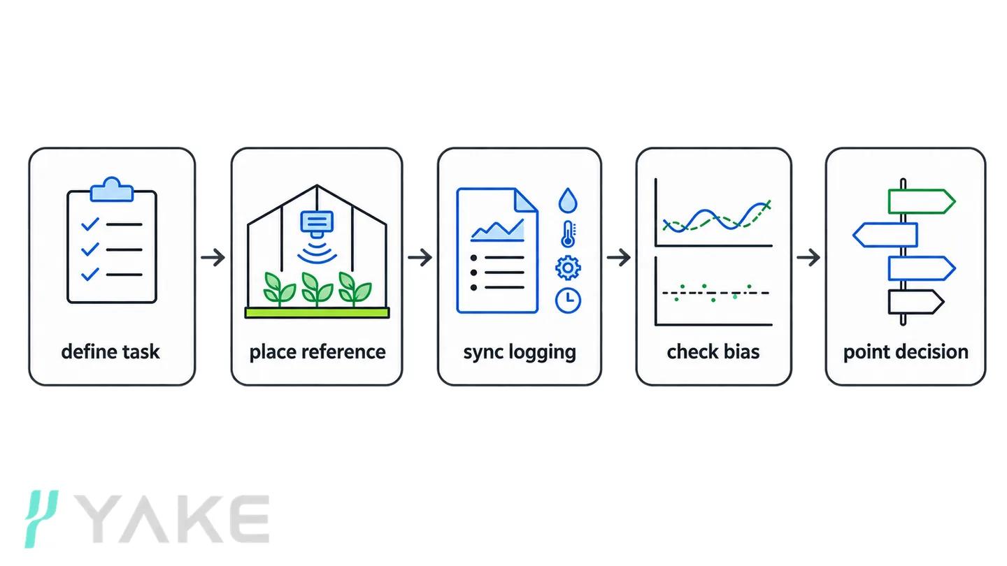 Greenhouse humidity monitoring validation flow: measurement task, temporary reference, synchronized logging, bias check and placement decision.