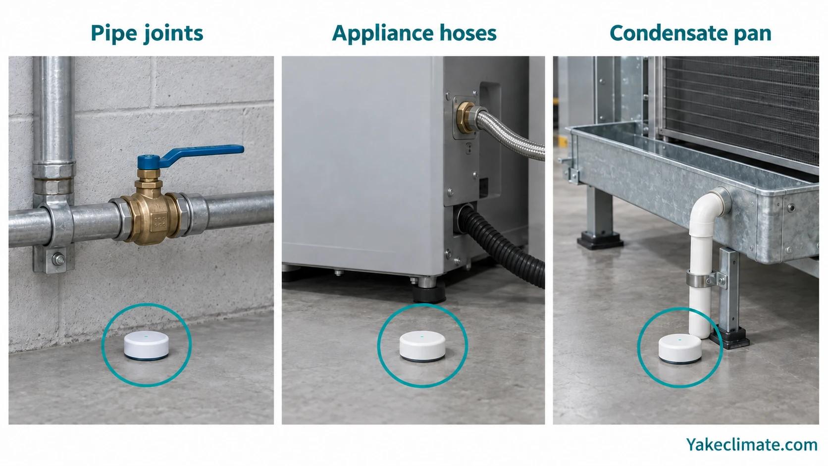 Leak sensors illustrated near a pipe joint, an appliance hose and a condensate pan.