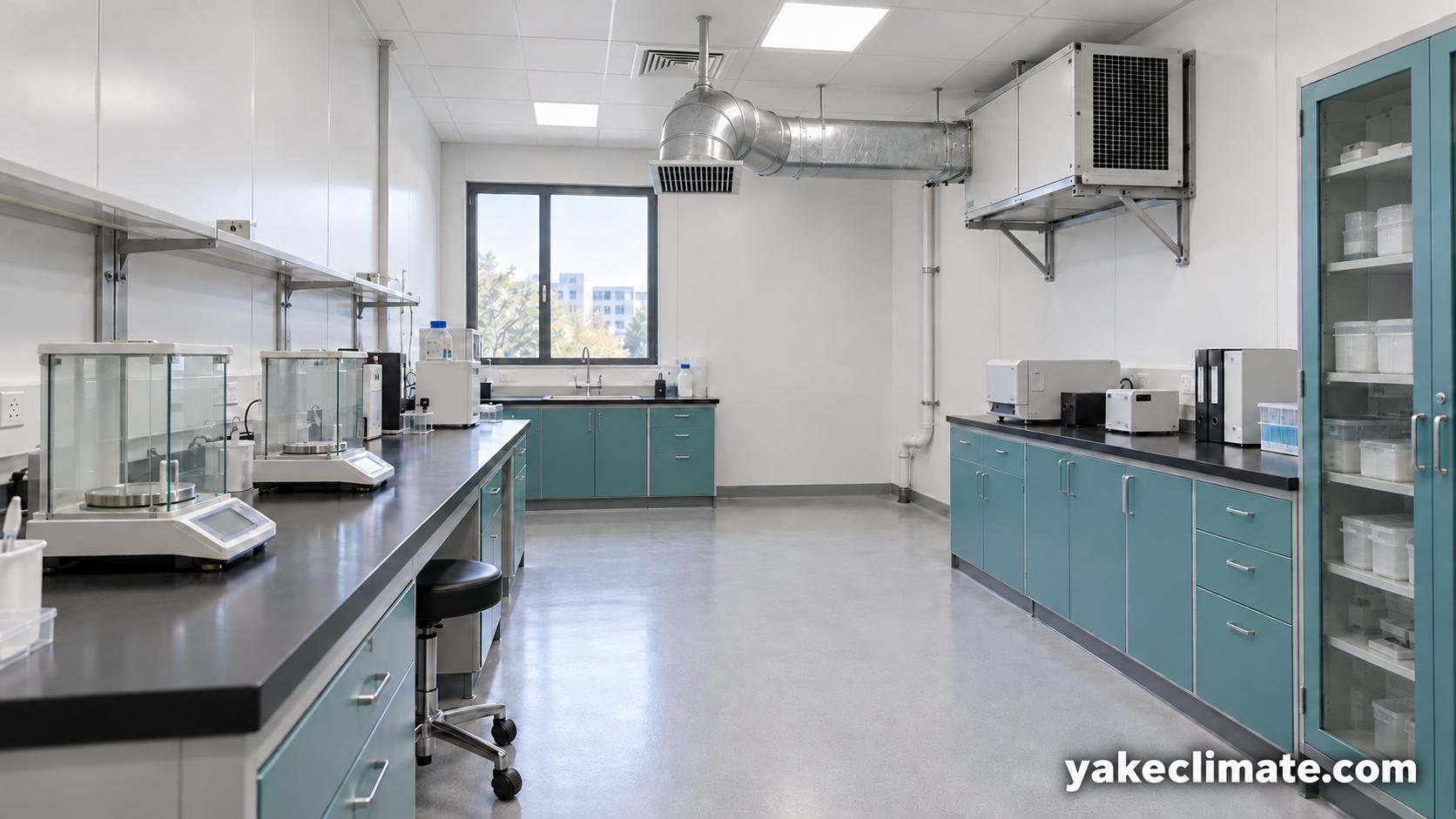 Laboratory instrument room with shielded balances, sample cabinets and a wall-mounted dehumidifier discharging along the central aisle.