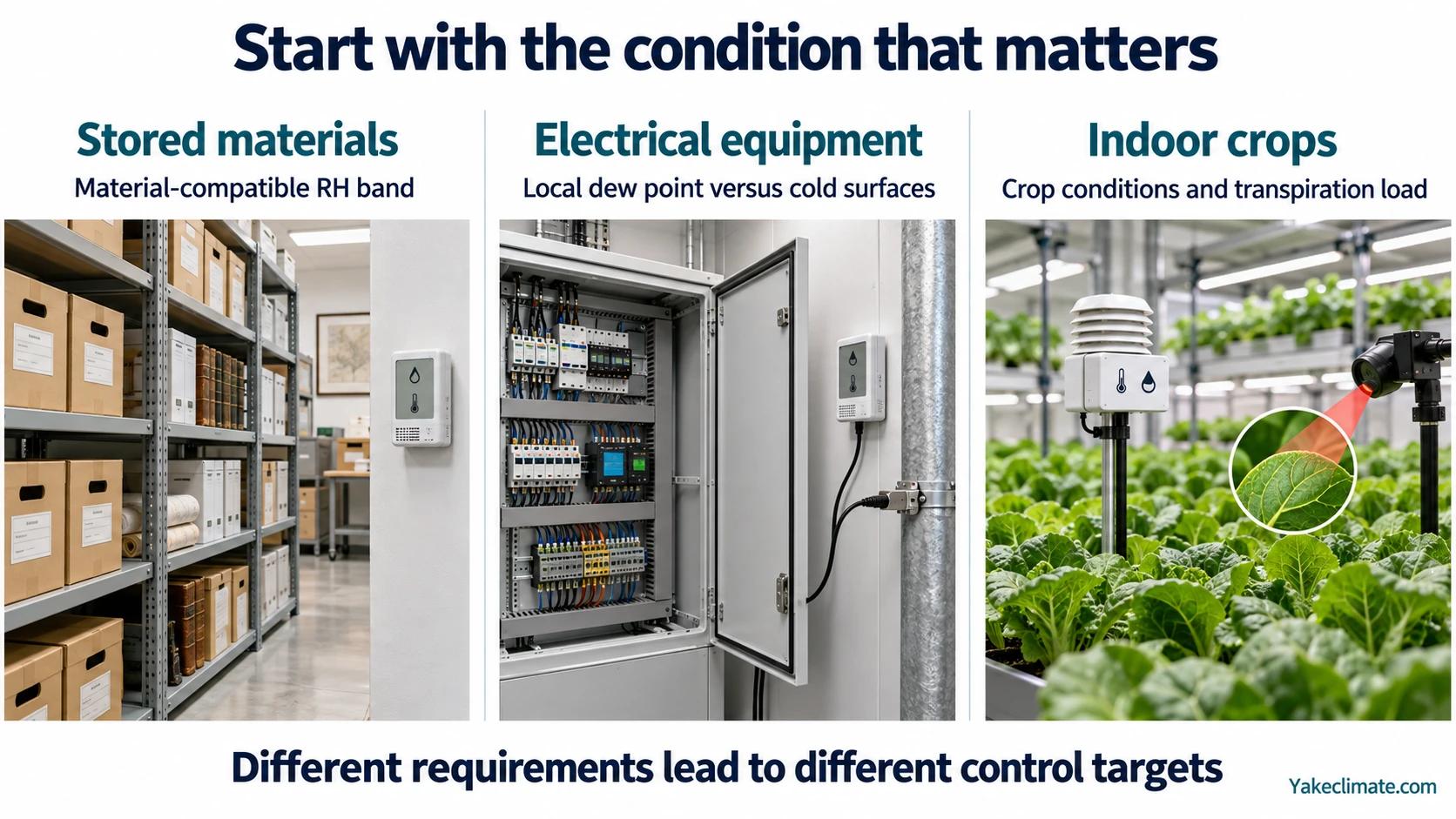 Stored materials, electrical equipment and indoor crops shown with different humidity-related monitoring and control targets.
