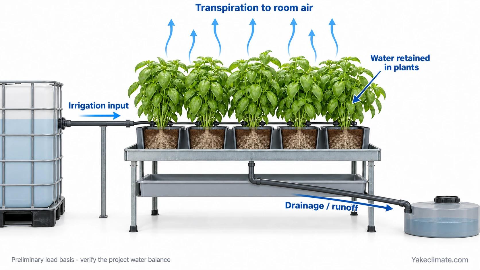 Conceptual grow-room water balance showing irrigation into plants, water retained in tissue, transpiration to room air and drainage to a low collection vessel.
