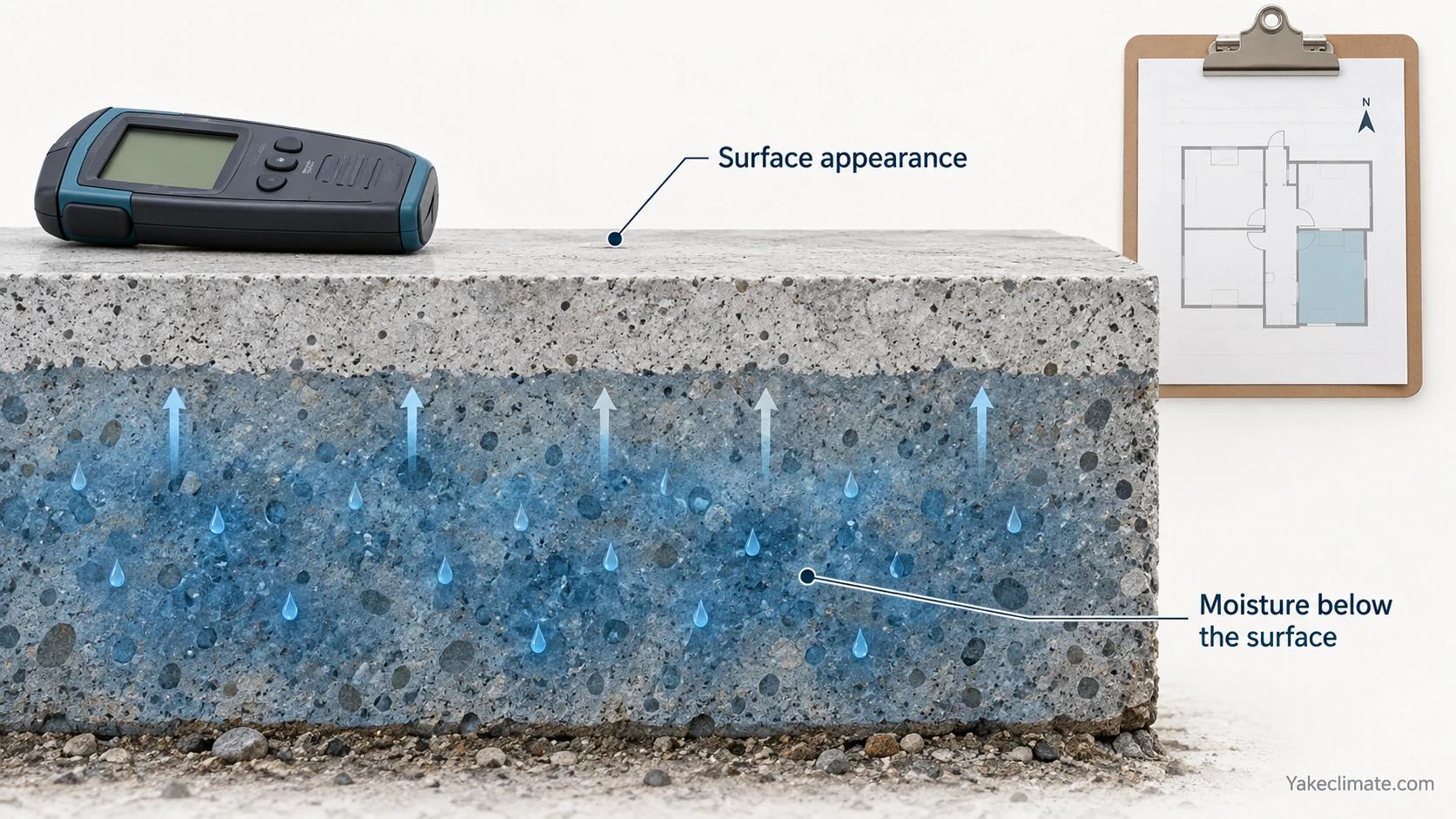 Concrete slab cross-section showing a dry-looking surface above moisture retained deeper inside.