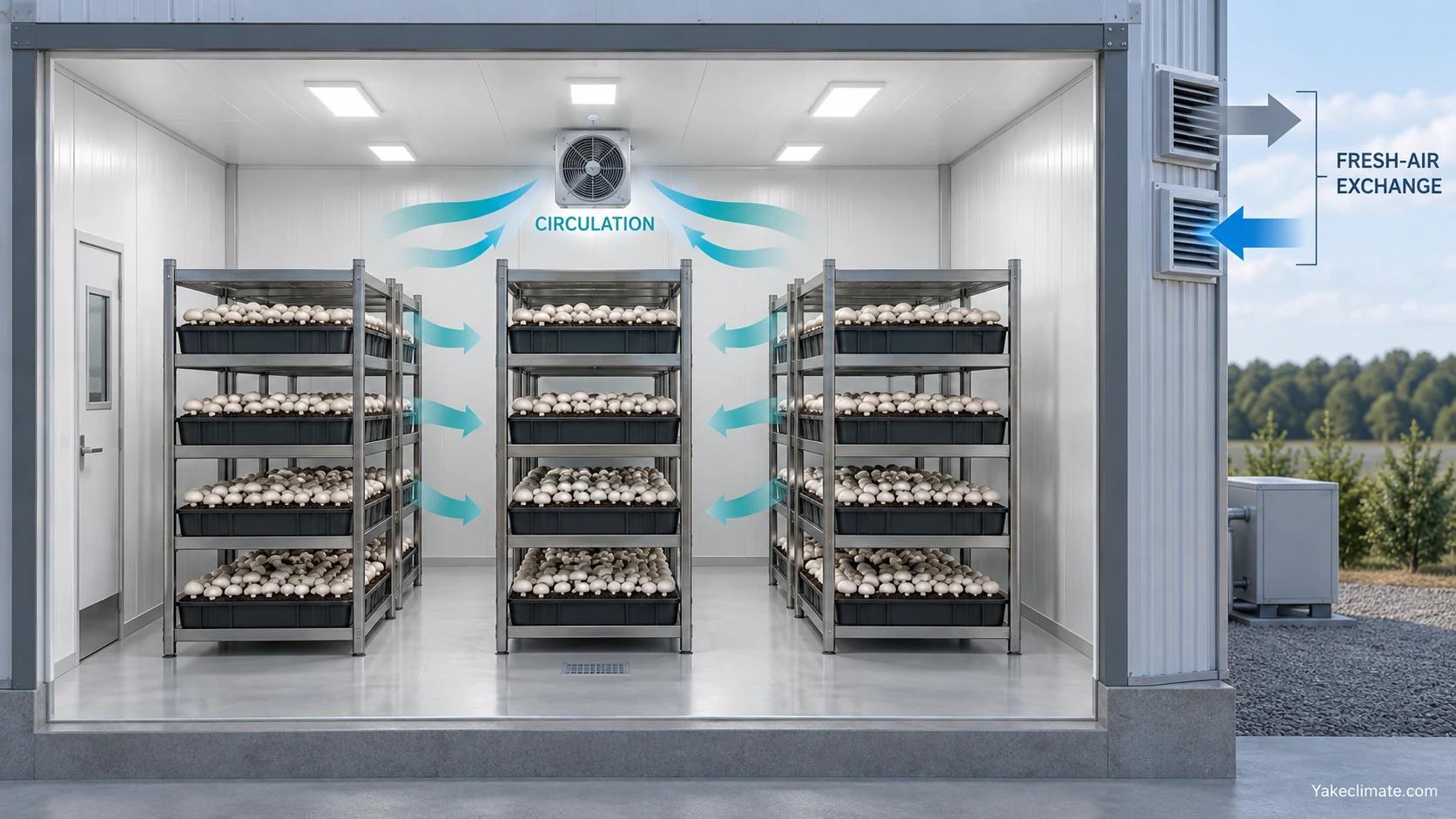 Internal circulation through mushroom racks and separate fresh-air inlet and exhaust paths.