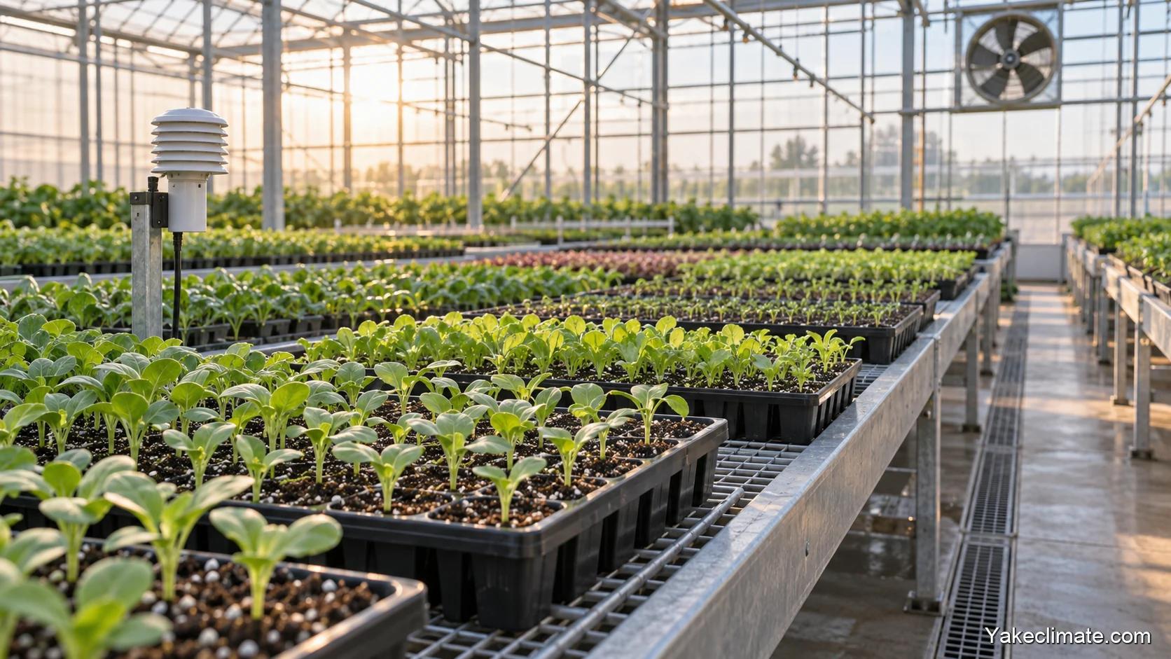 Conceptual illustration of seed-sown plug trays in a commercial greenhouse with crop-zone sensor, circulation fan and drainage; not a Yakeclimate project photograph