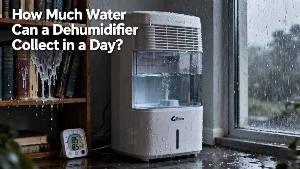 Dehumidifier collecting condensed water in its internal tank.