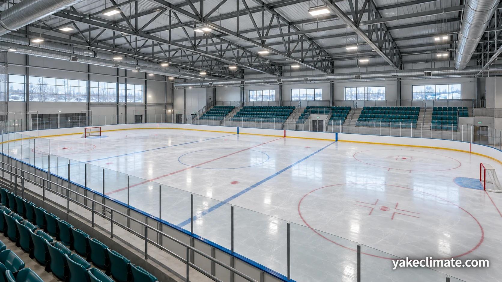 Indoor ice hockey rink with steel roof trusses, overhead ventilation ducts and a clear ice surface.