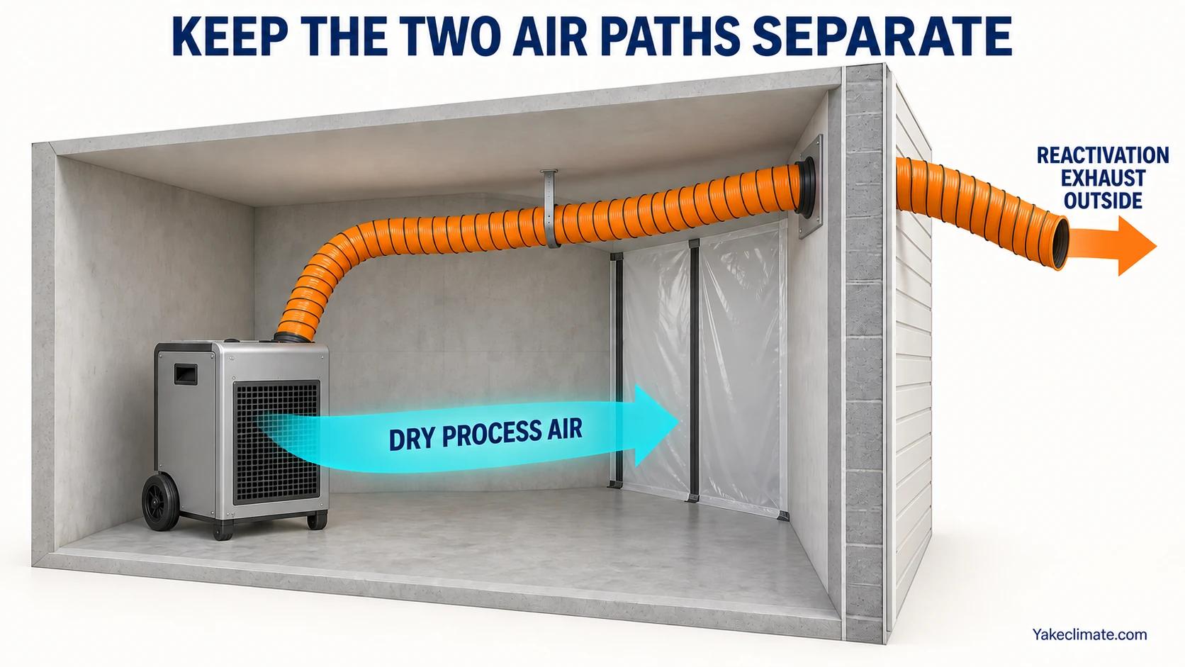 A contained drying room receives dry process air while a separate duct sends reactivation exhaust outside.