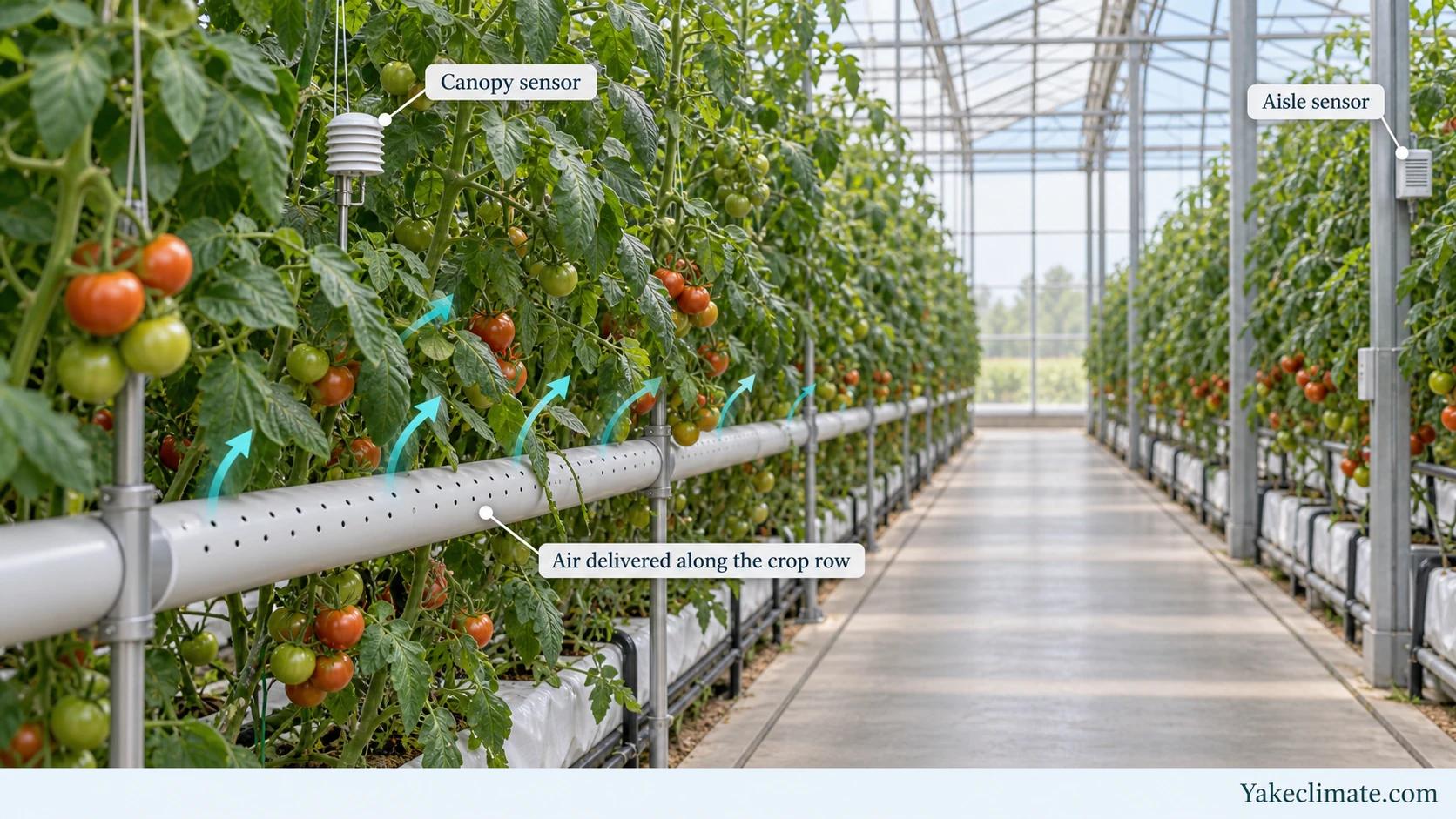 Conceptual tomato greenhouse with air released along a perforated distribution tube, a canopy sensor among the leaves and a separate aisle sensor.