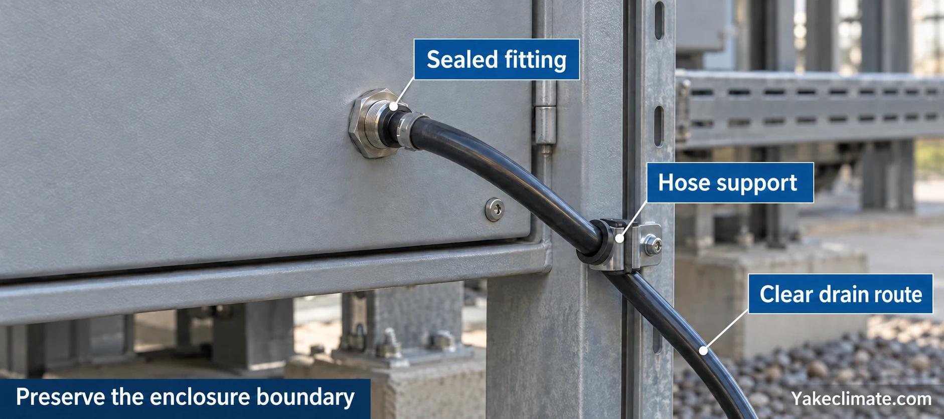 Illustrative cabinet drain fitting with a supported hose descending along a clear external route.