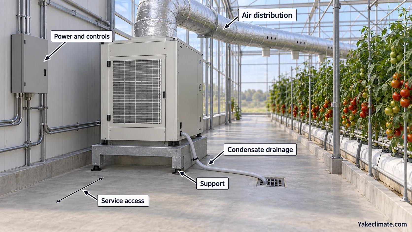 Conceptual greenhouse dehumidifier installation showing air distribution, condensate drainage, power and controls, support and service access.