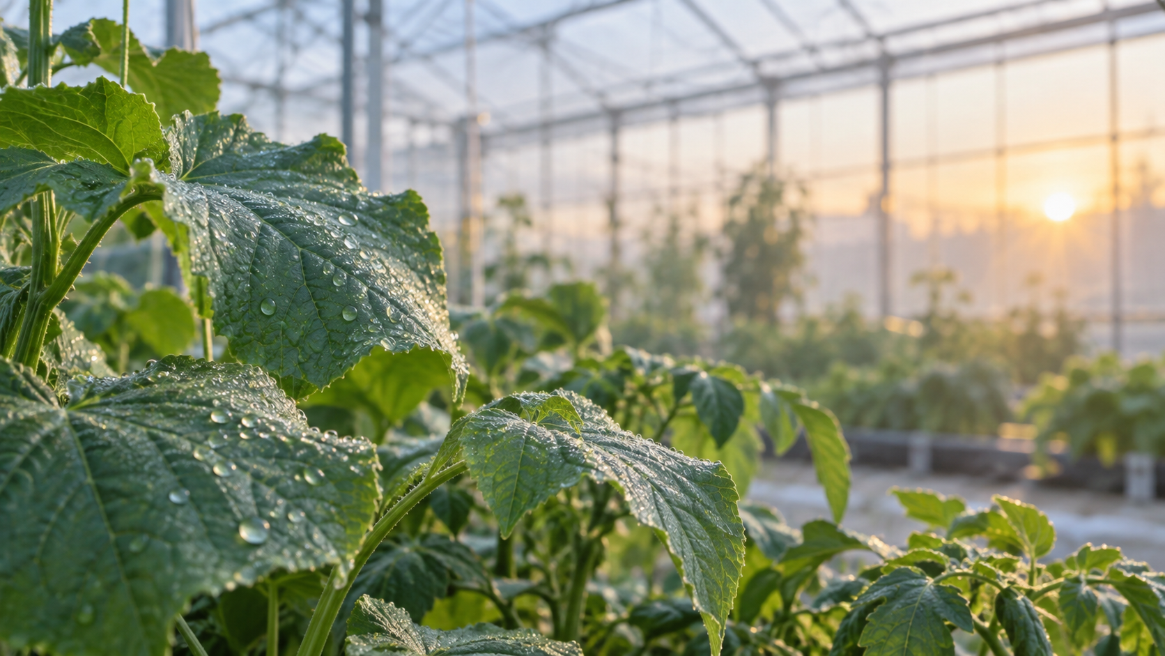 AI-created conceptual image of greenhouse leaves with visible water droplets; the water source is unverified