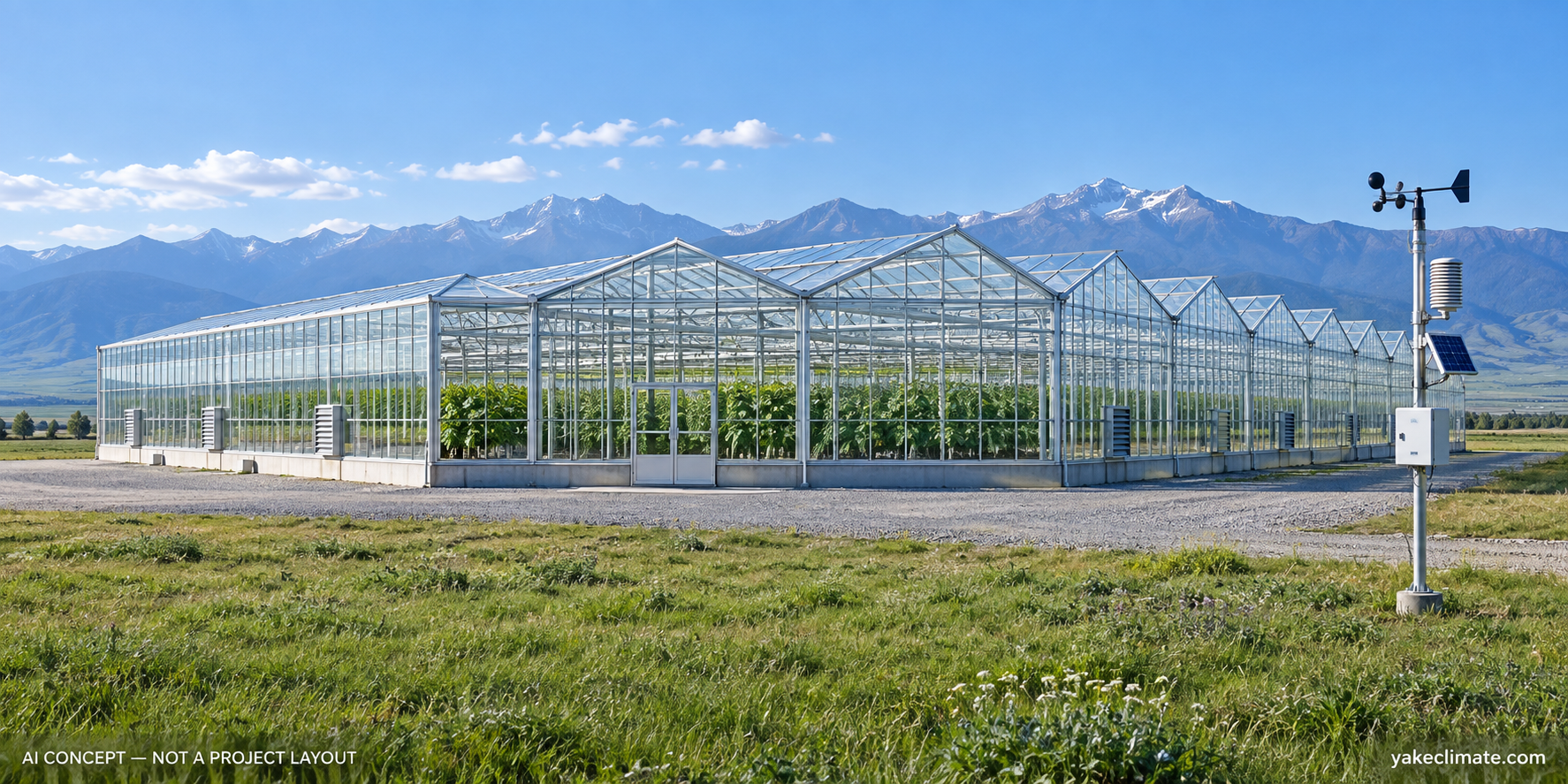 Conceptual illustration of a generic highland greenhouse and weather station on level ground; not an actual Yakeclimate project or approved layout.
